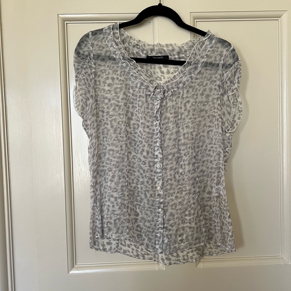 Tahari grey leopard print blouse